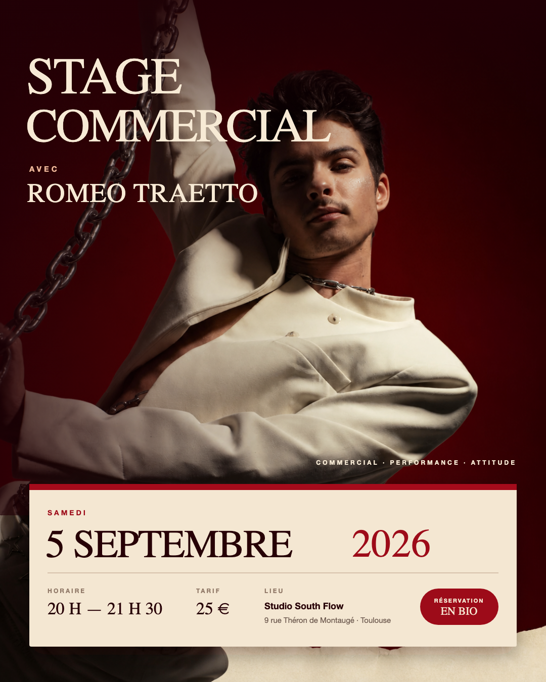 Affiche rouge du stage commercial avec Romeo Traetto