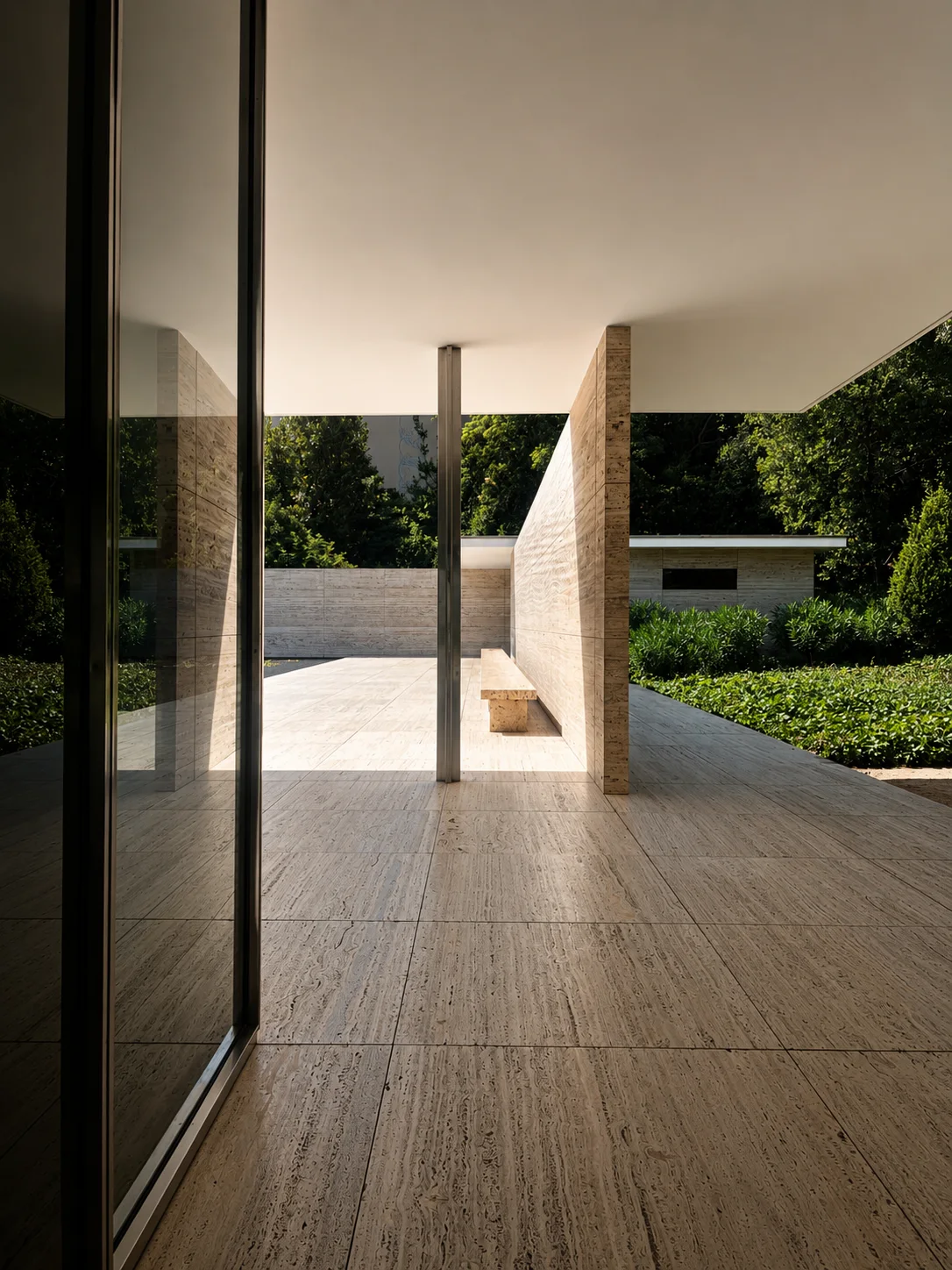 Fauteuil et patio au pavillon Mies van der Rohe